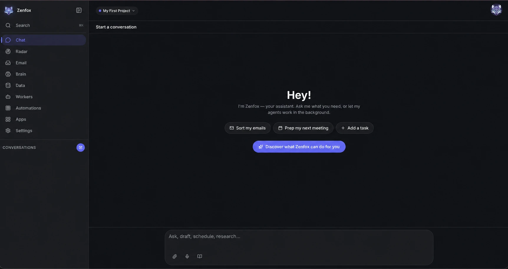Zenfox app welcome screen with navigation for chat, knowledge, data, AI workers, automations, and apps.